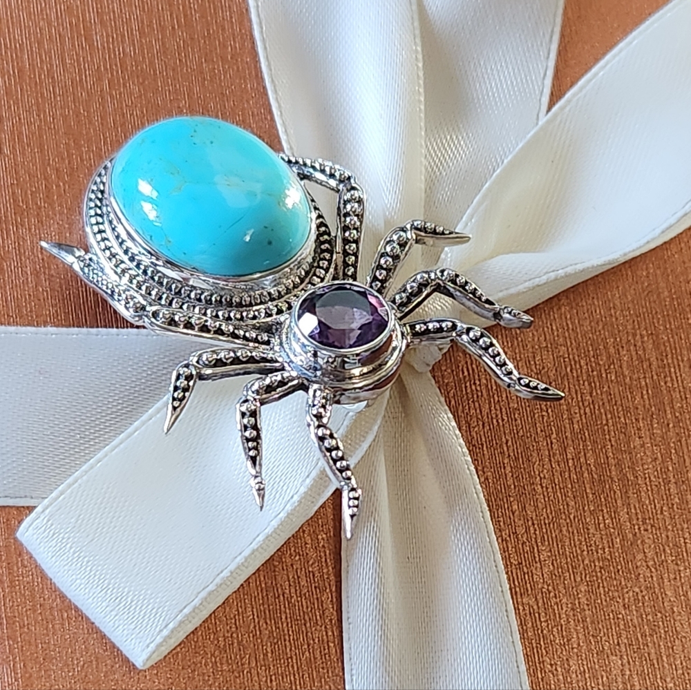 NICKY BUTLER 925 Sterling Silver Turquoise Amethyst Spider Brooch Pendant NB π· - Picture 3 of 13